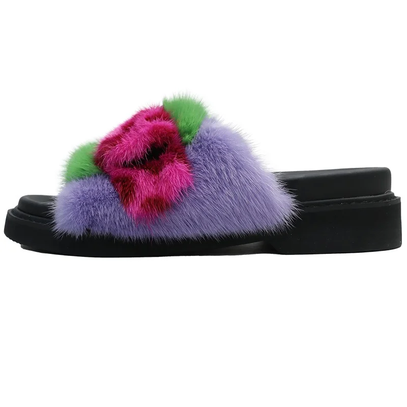 Three Color Women's Fur Slippers Thick Sole Design Mink Fur Slippers New Style Luxury Increase Lace-up Furry Slippers