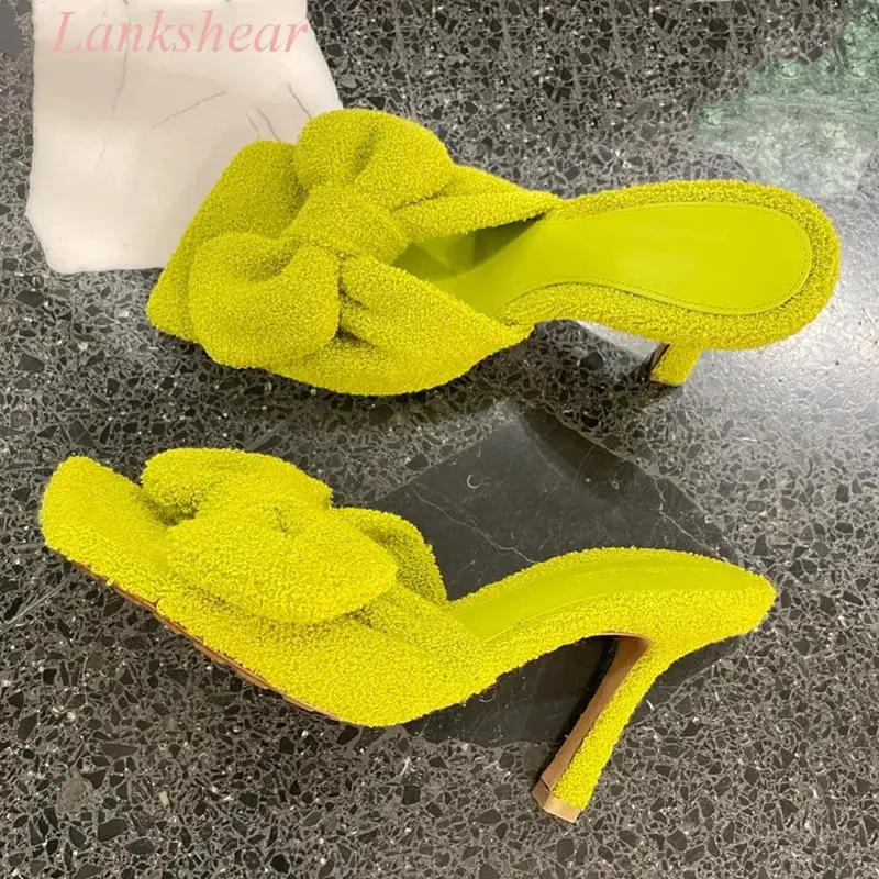 Сандалии женские махровые на шпильке дизайнерская эластичная обувь украшенная