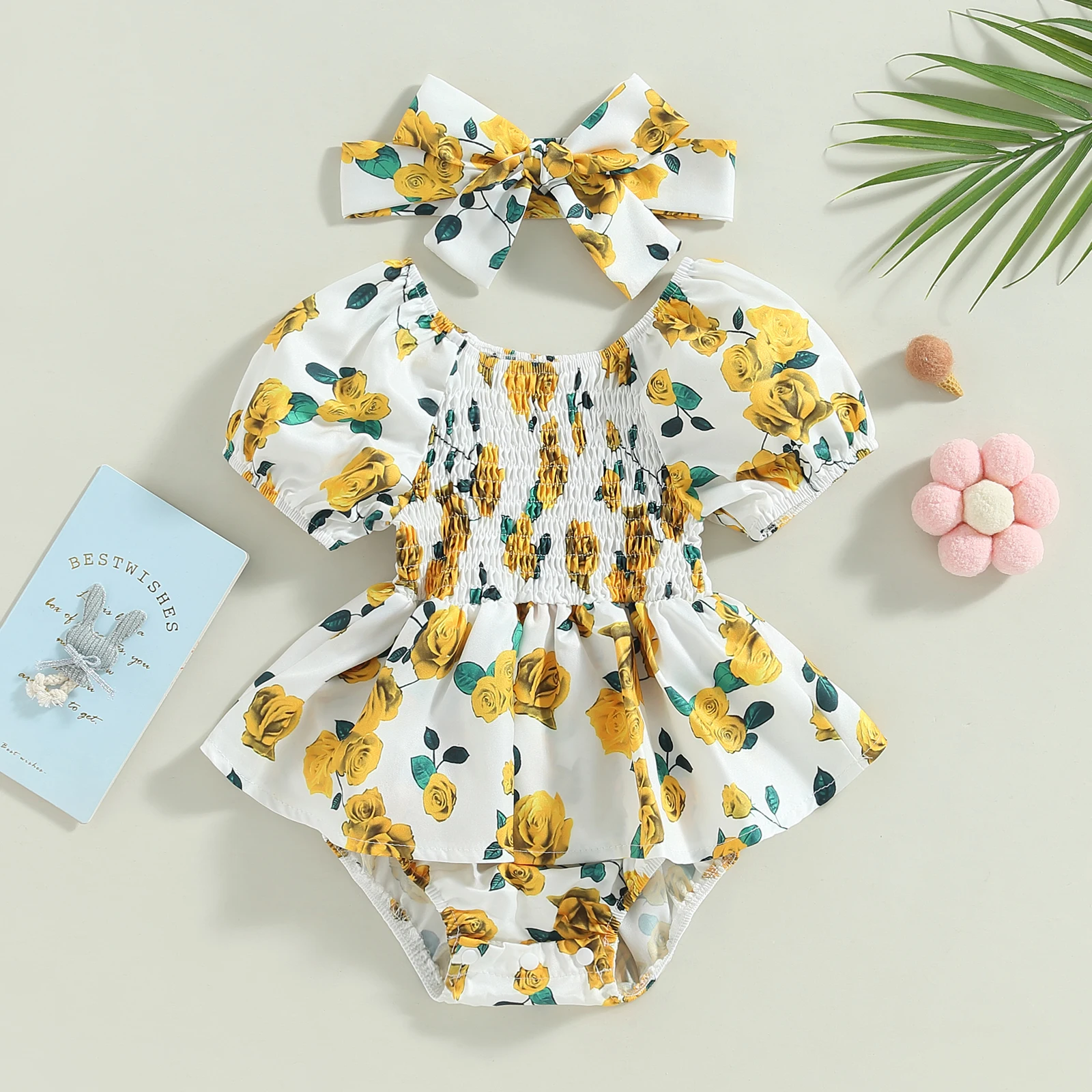 

0-18Month Baby Girls Romper Dress Floral Print Round Neck Short Sleeve Skirts Hem Rompers Summer Bodysuits with Headband
