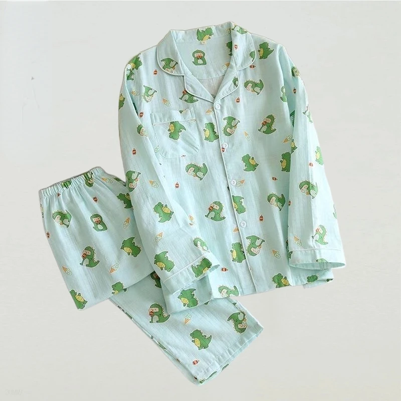 Pajamas Summer Women Cotton Cartoon Cat Printed 2Pcs Turn-down Neck Shirt+Pants Pyjamas Soft Clothes Female Underwear