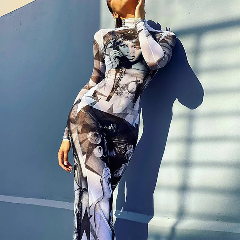 

Women Long Bodycon Dress Y2K Grunge Person Print Mesh Mock Neck Long Sleeve Slim Fit Dresses Spring Fall Party Dress Streetwear