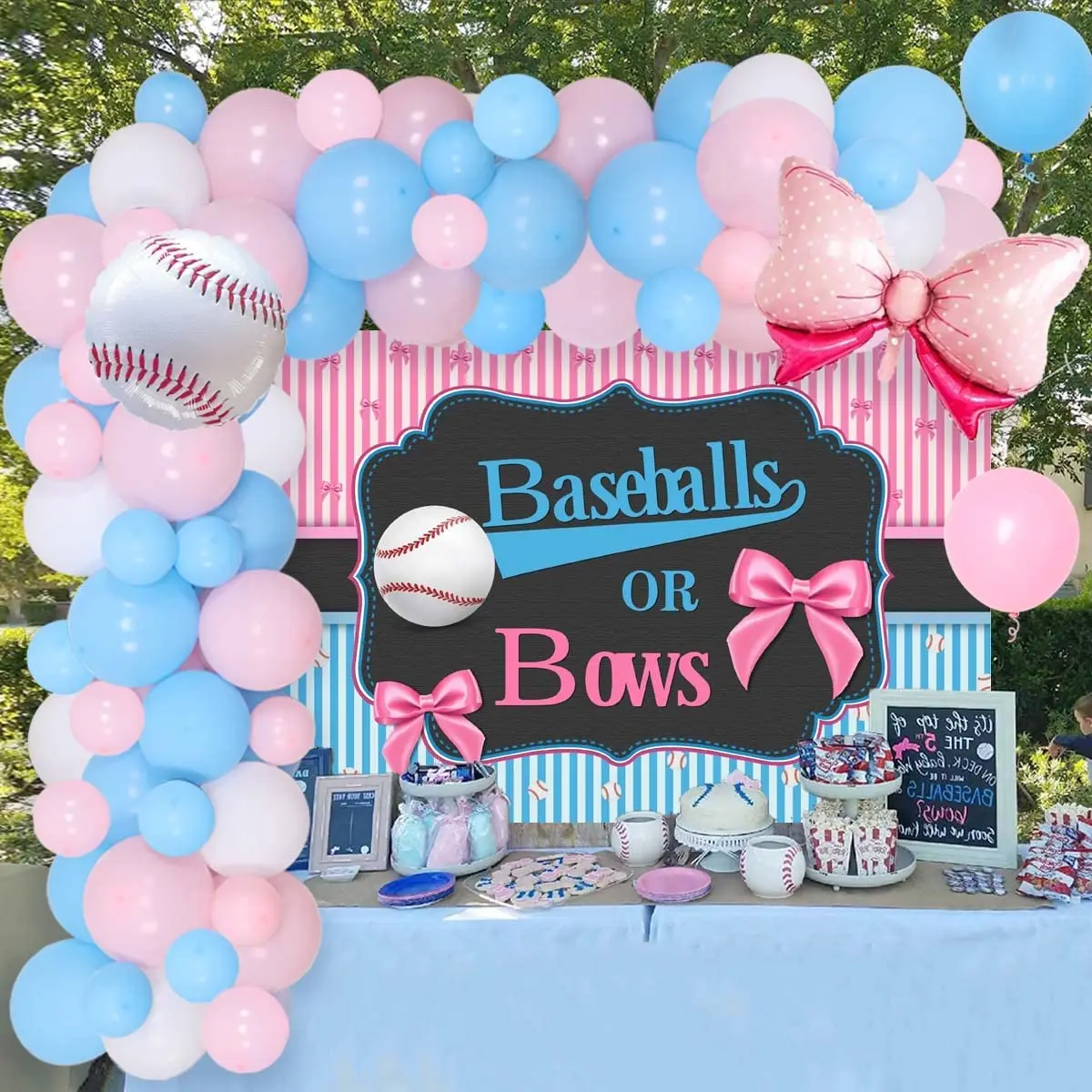 

SURSURPIRSE Gender Reveal Baseball Bows Foil Blue Latex Balloon Backdrop for Boy Girl Baby Shower Birthday Party Decoration