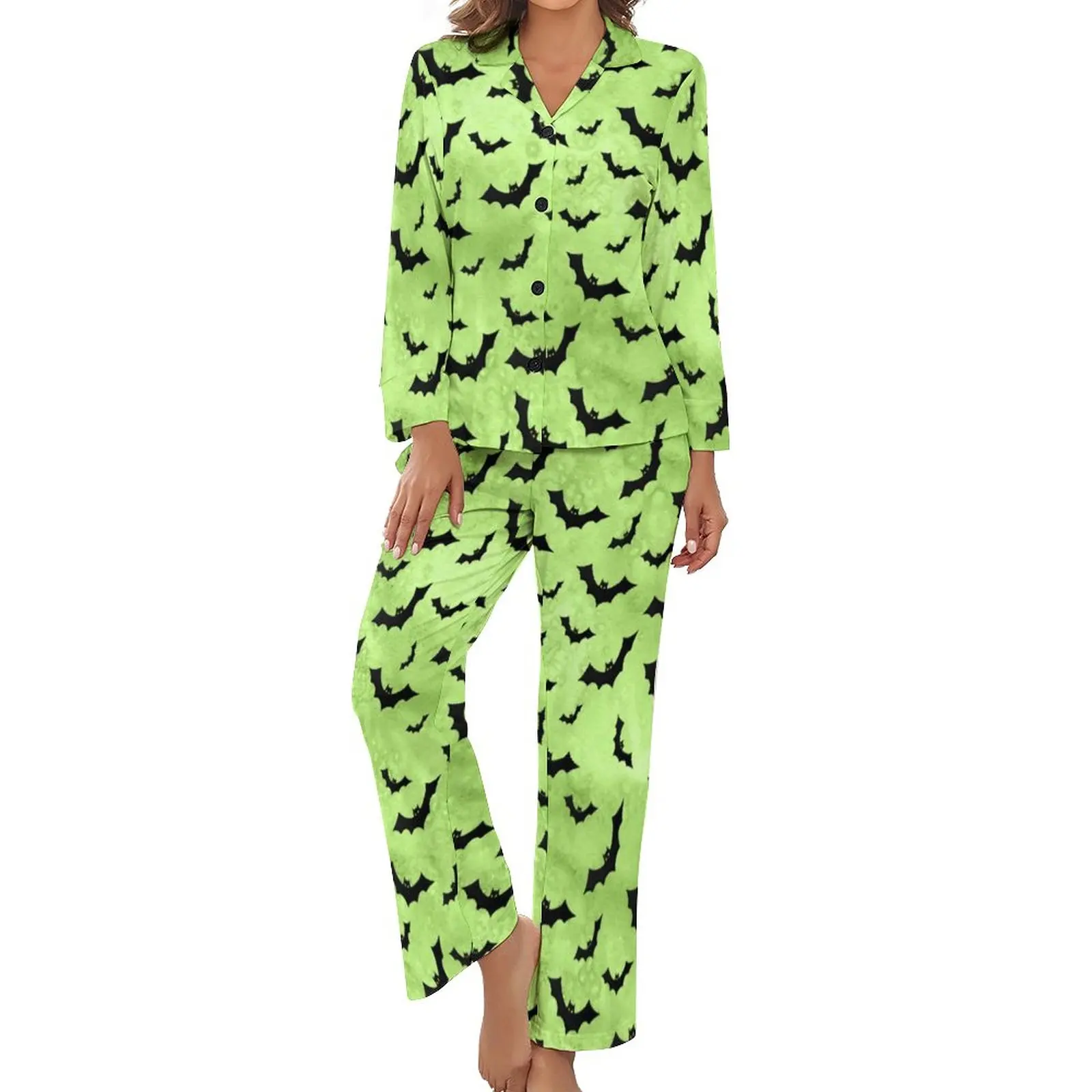 

Black Bats Scattered Pajamas Long Sleeve Halloween Bat Print 2 Pieces Casual Home Suit Woman V Neck Cute Home Suit