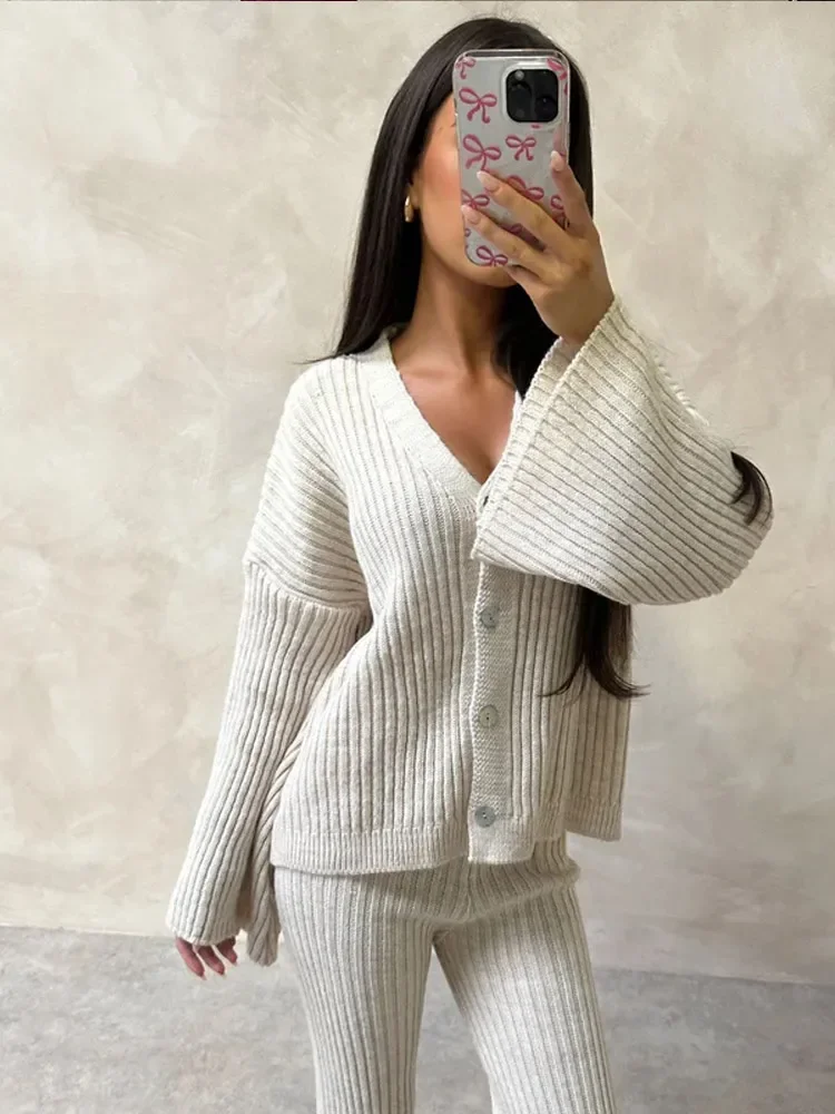 Женский модный красный вязаный длинный расклешенный комплект брюк Ancora