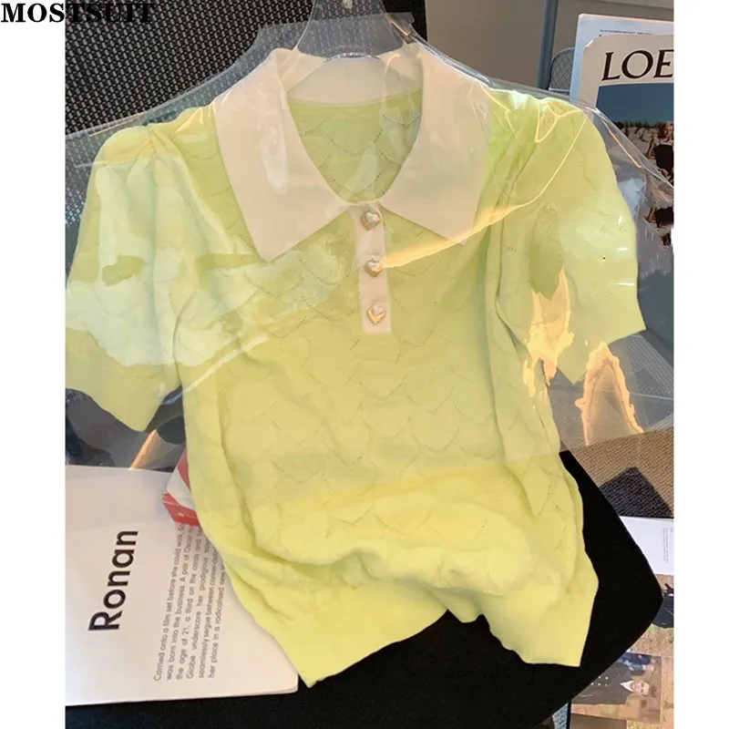 

2022 Summer Sweet Hollow Knit Pullover Tops Women Puff Sleeve Turn-down Collar T-shirts Stylish Fashion Ladies Women Knitwear