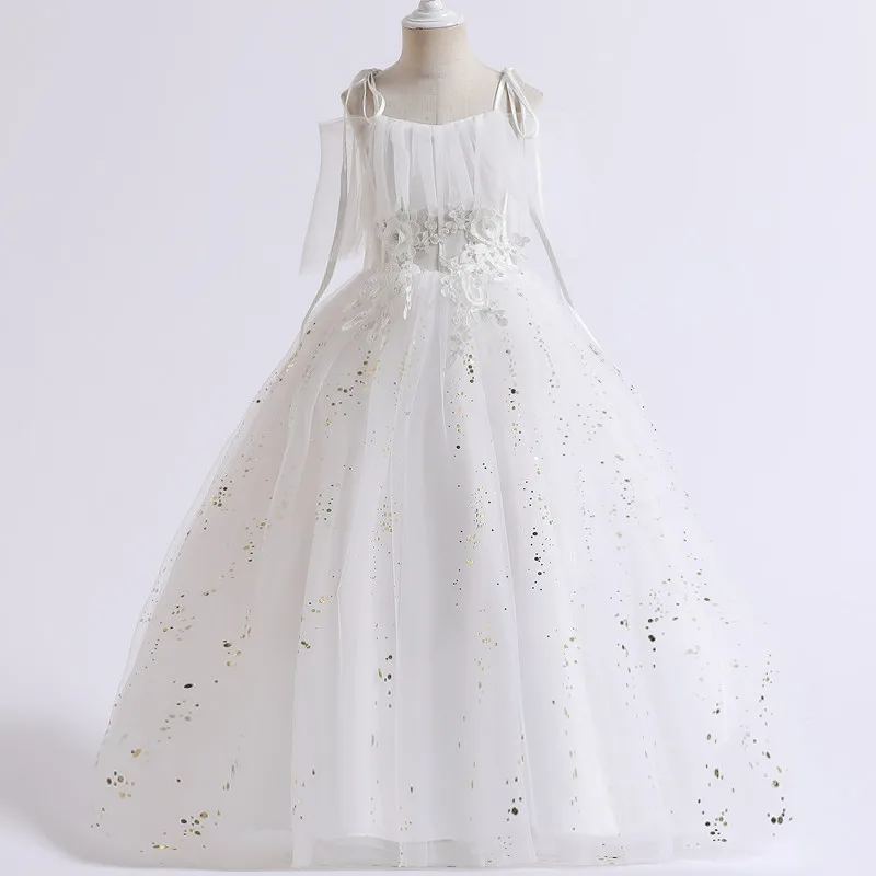 

Junior Bridesmaid Girl Dress For Wedding Girls Formal Flower Appliques Long Dresses Big Girl White Maxi Birrhday Party Costume