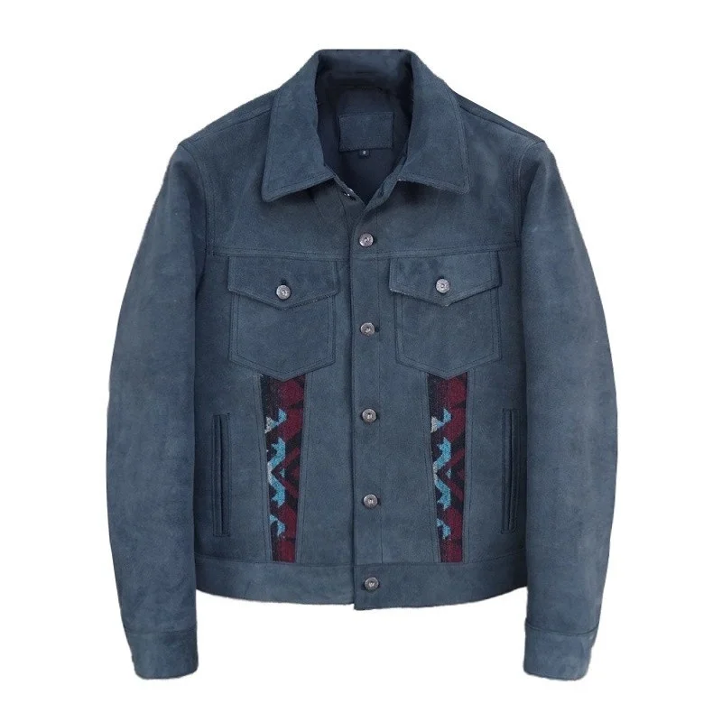 

Single vintage breasted leather genuine men's jacket turn-down collar slices fine fit outerwear casual short male jacket