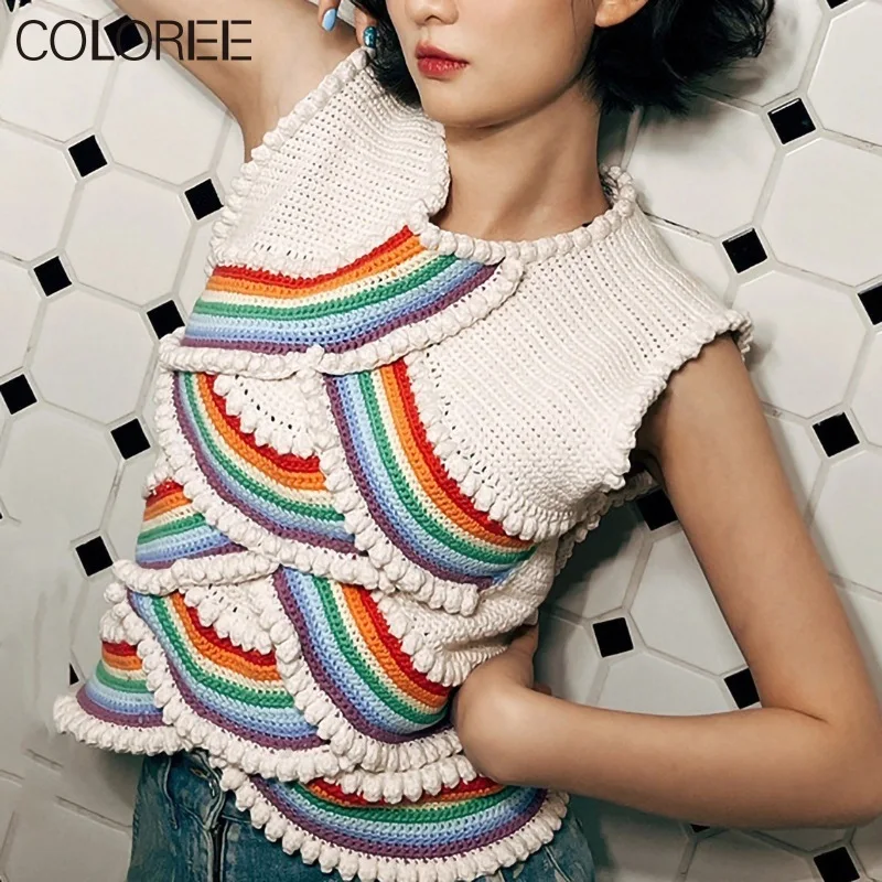 

Женский трикотажный жилет с оборками, элегантный Радужный дизайнерский свитер с круглым вырезом, Осень-зима 2022