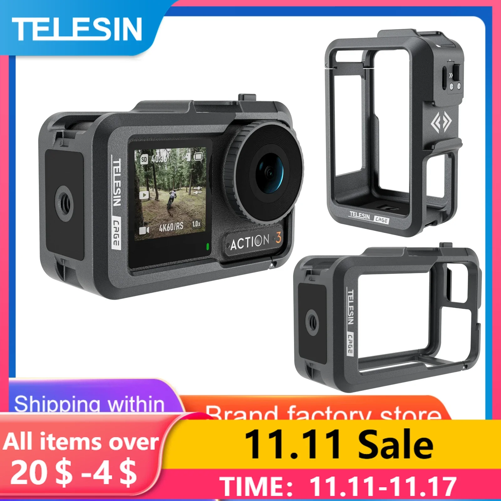

TELESIN Aluminium Alloy Frame Case For DJI OSMO ACTION3 Metal Cage Quick Release Mount with Cold Shoe Full Protective Frame Case