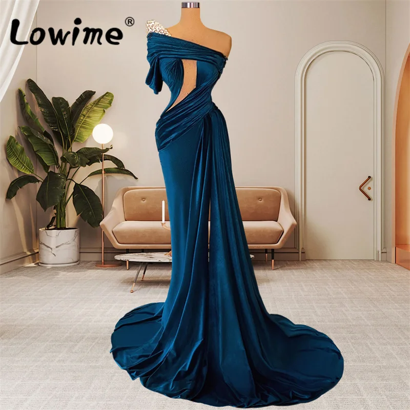 

Cut-out Design Velvet Sexy Party Gowns Long Mermaid Prom Dresses 2022 Beaded Crystals Women Evening Dress Robes De Soiree Aibye