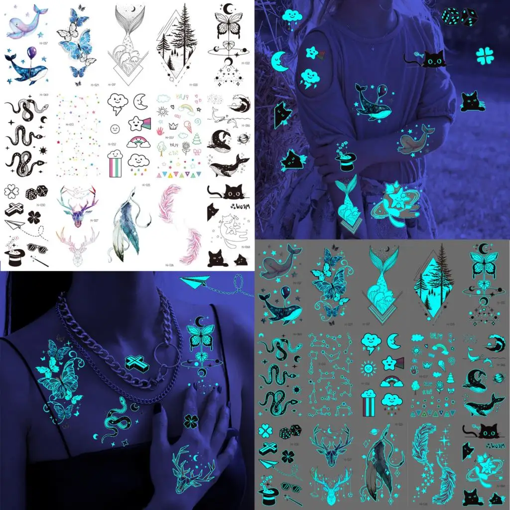 

Blue Glow In Dark Star Moon Temporary Tattoos For Girls Luminous Snake Feather Cat Fake Tattoo Sticker Teens Arm Forest Tatoos