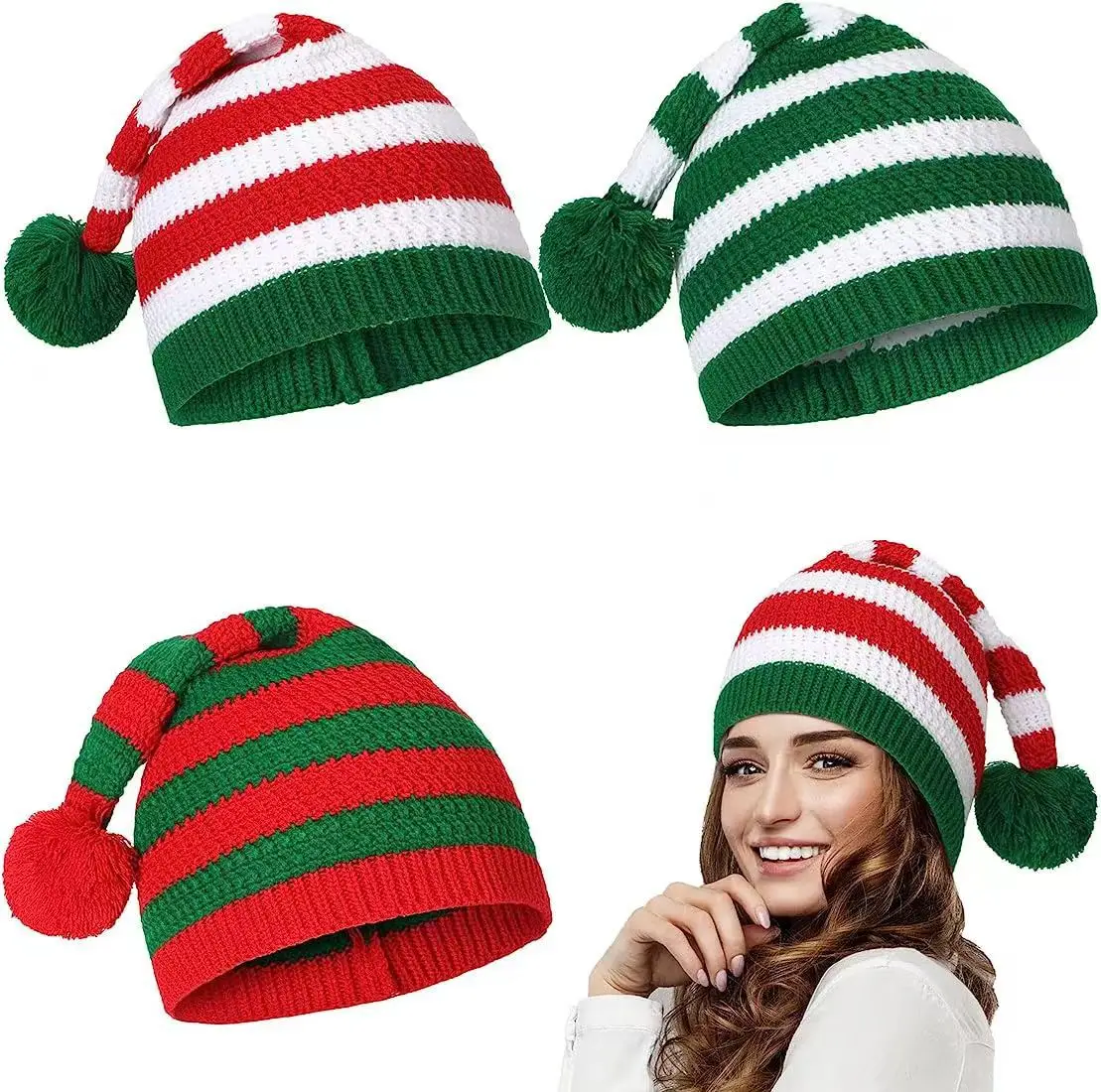 

Рождественская вязаная шапка 2023 Шапка-бини с помпоном в полоску с Санта-Клаусом для детей и взрослых головные уборы для родителей украшение на Новый год и Рождество