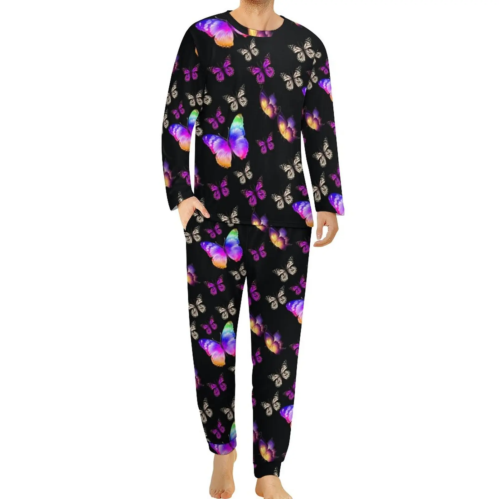 Neon Butterfly Pajamas Male Colorful Animal Print Warm Sleepwear Long Sleeves 2 Pieces Night Graphic Pajama Sets 3XL 4XL 5XL