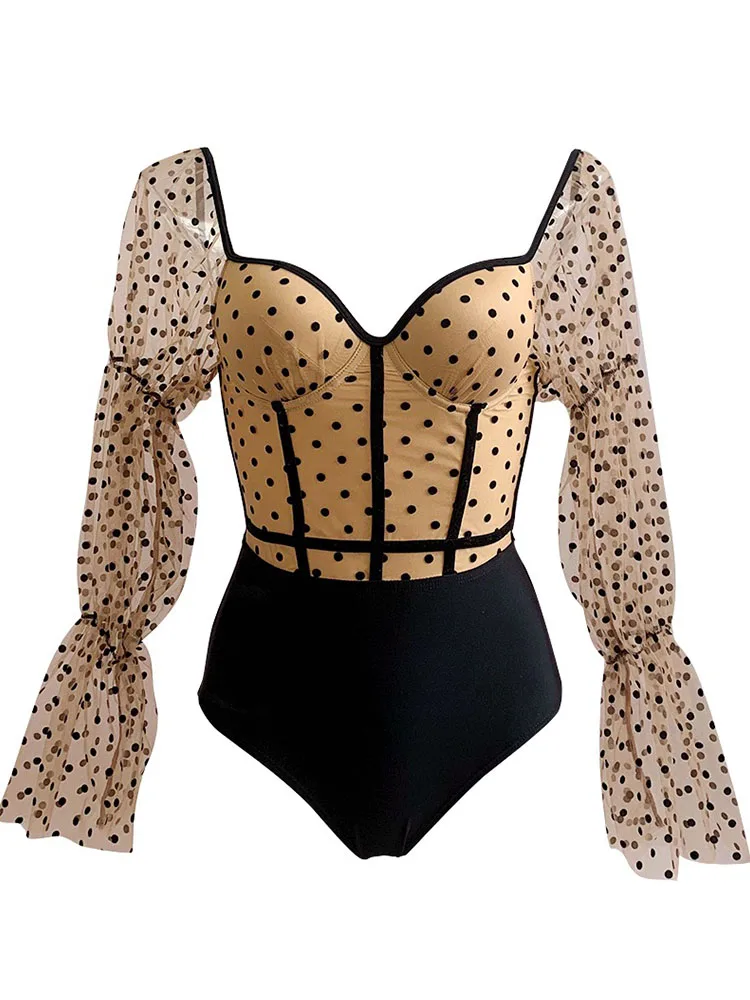 Цельный купальный костюм с длинным рукавом женская одежда для плавания в горошек