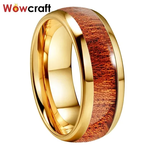8 мм желтое золото вольфрам карбид кольца для мужчин женщин мужчин дерево инкрустация Свадебный ремешок полированный с комфортной посадкой