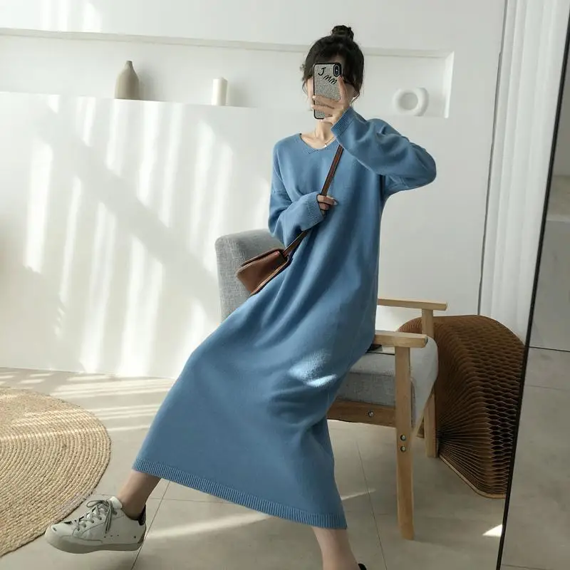 

DIMI Fashion Casual Solid Elasticity Knit Straight Dress Vestidos Autumn Winter Vintage V-Neck Loose Knitted Dresses Women Korea
