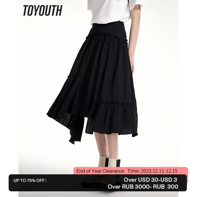 

Toyouth Women Skirt 2023 Summer A Line Elastic Waist Loose Irregular Lace Hem Classic Black Elegant Chic Mid-length Skirt
