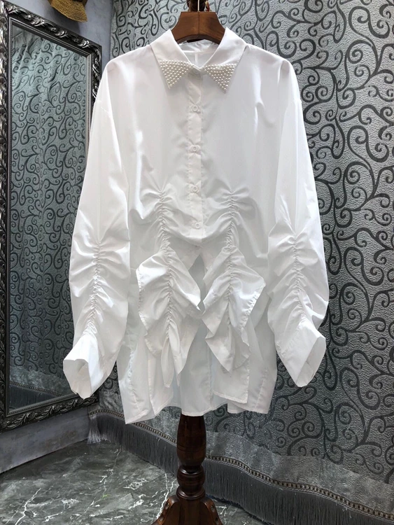 

2022 new women fashion long sleeve sexy pleated lapel beaded loose mid-length shirt casual top 724
