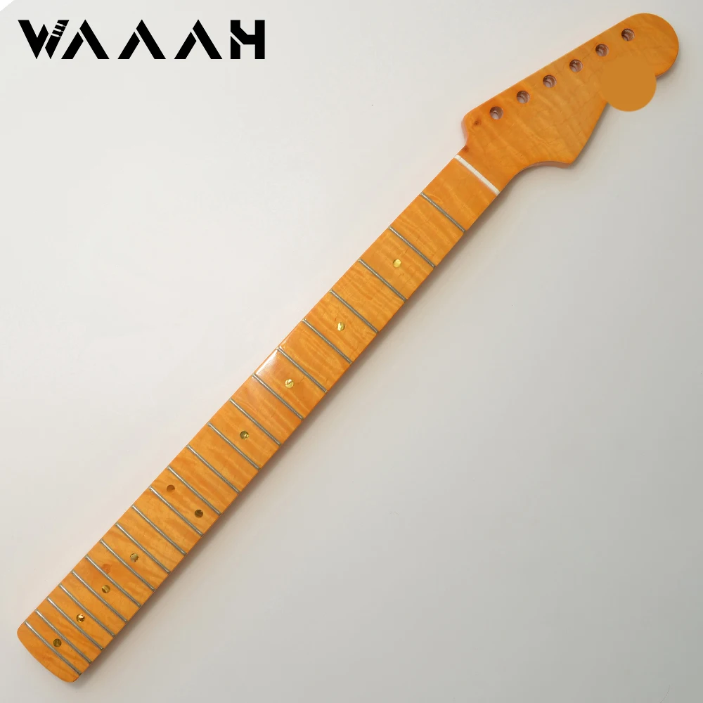 21 Frets ST Guitar Neck Yellow High Gloss Canadian Maple Wood Better Tiger Flame Black Strip For Electric Guitar