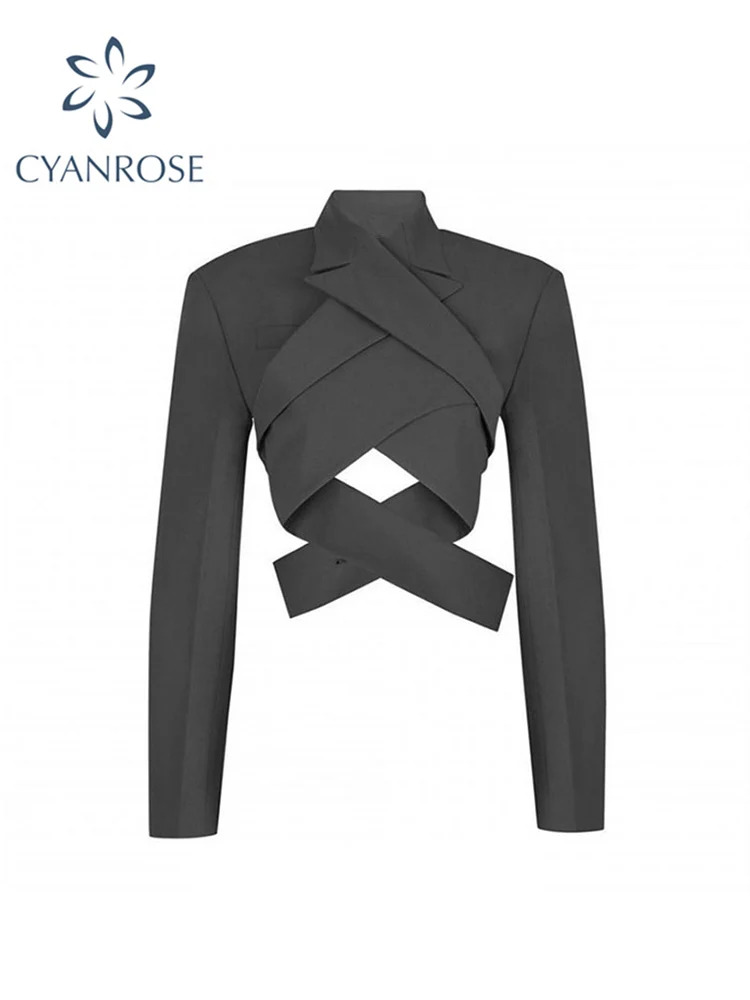 

2022 Autumn New Korean Style Fashion Grey Blazer Backless Suits Women Crop Coat Ladies Streetwear Cross Sexy Suit Jacket Casual