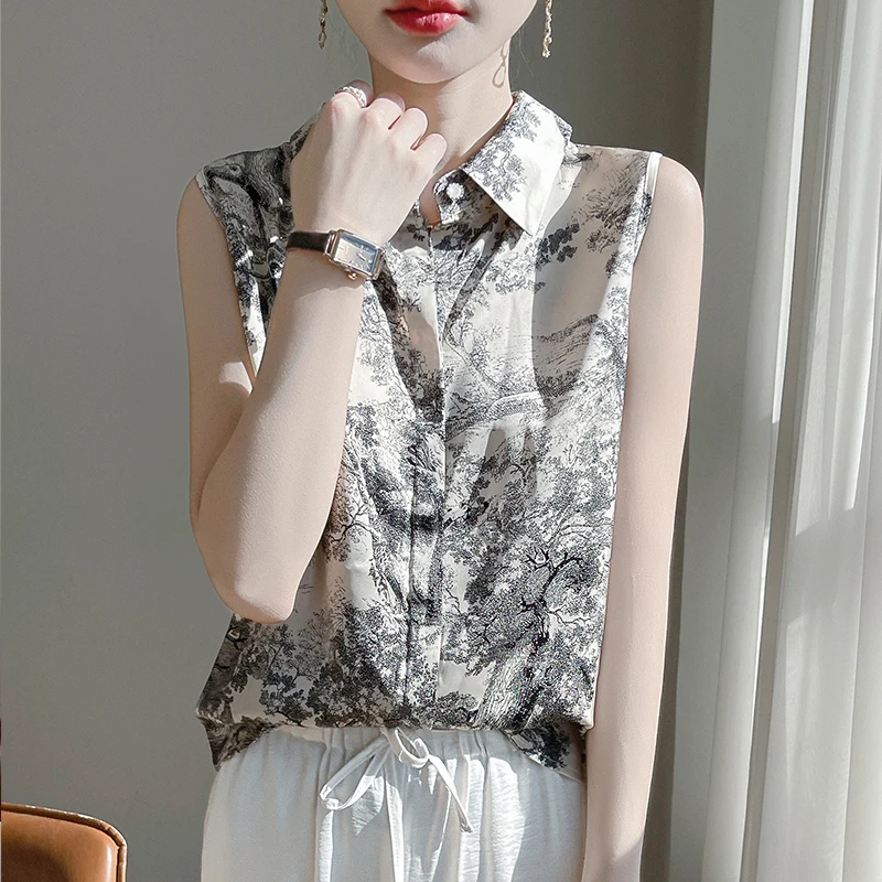 Новая атласная рубашка-поло без рукавов жилет и футболка с чернильным принтом