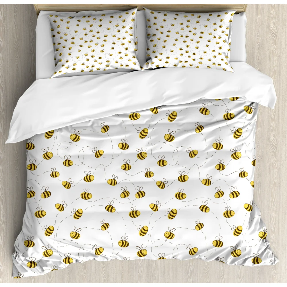 

Kids Bee Bedding Set King Queen Size Flying Bees Daisy Chamomile Flowers Print Duvet Cover Yellow White Polyester Quilt Cover
