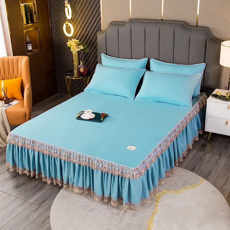 

Soild Color Luxury Ruffle Lace Bed Skirt Set Non-slip Lace Bed Spread Queen King Size Big Bedspread for Bed Cover with Pillowcas
