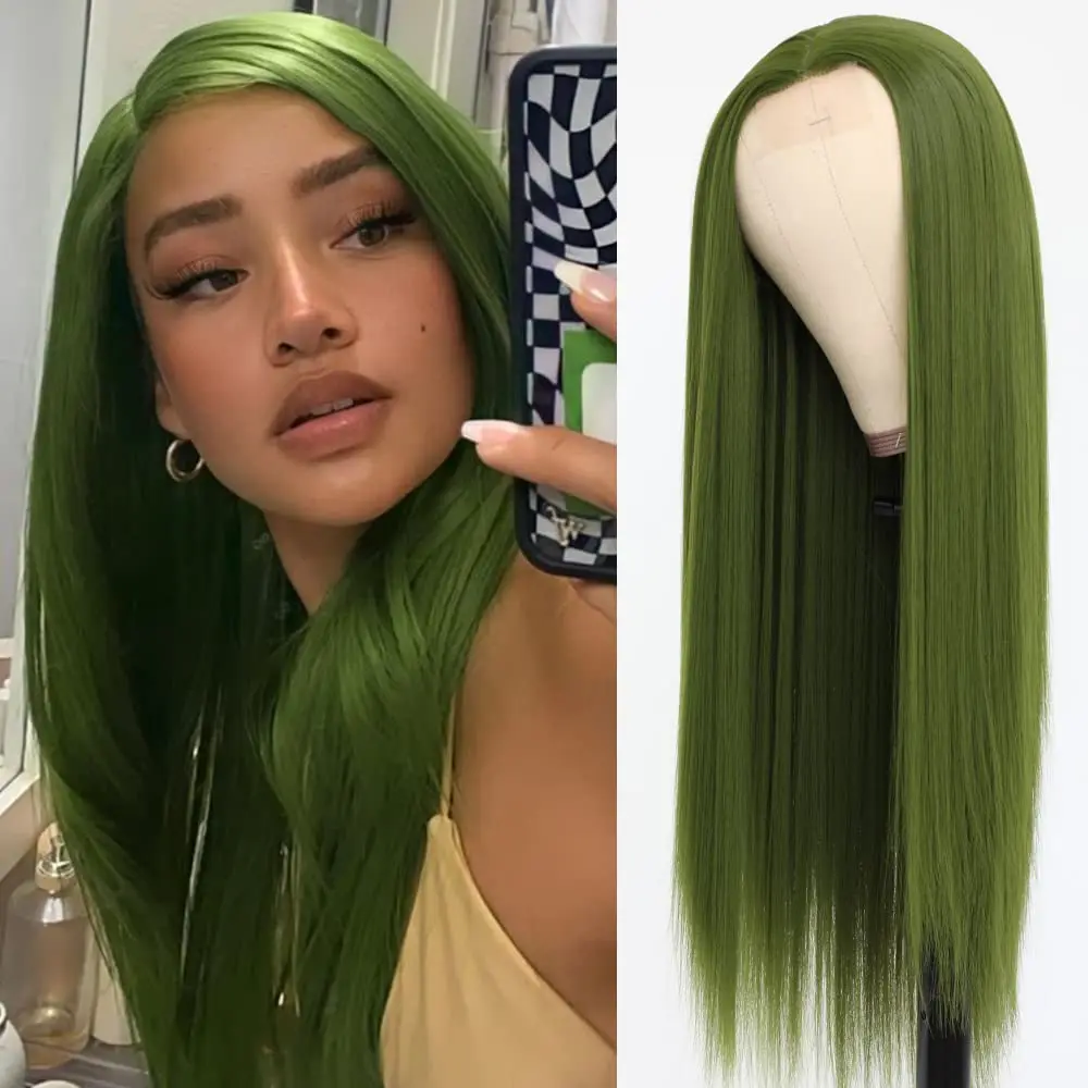 

Парики из синтетических волос, зеленые длинные прямые Термостойкие парики для модных черных женщин и девочек, для повседневного и вечерние ...
