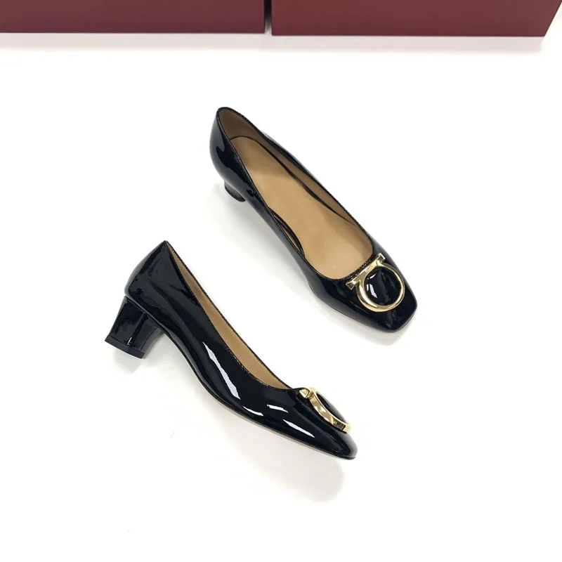 2023 spring high-quality square toe patent leather copper buckle middle and low heel elegant women's shoes comfortable shoes