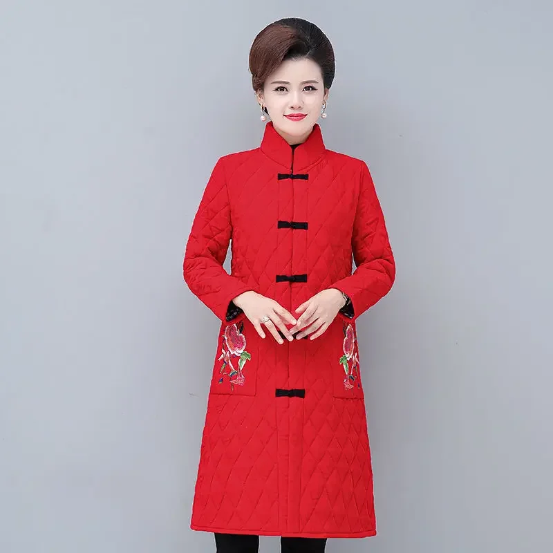 Стеганая куртка в этническом стиле Женский приталенный наряд средней длины для
