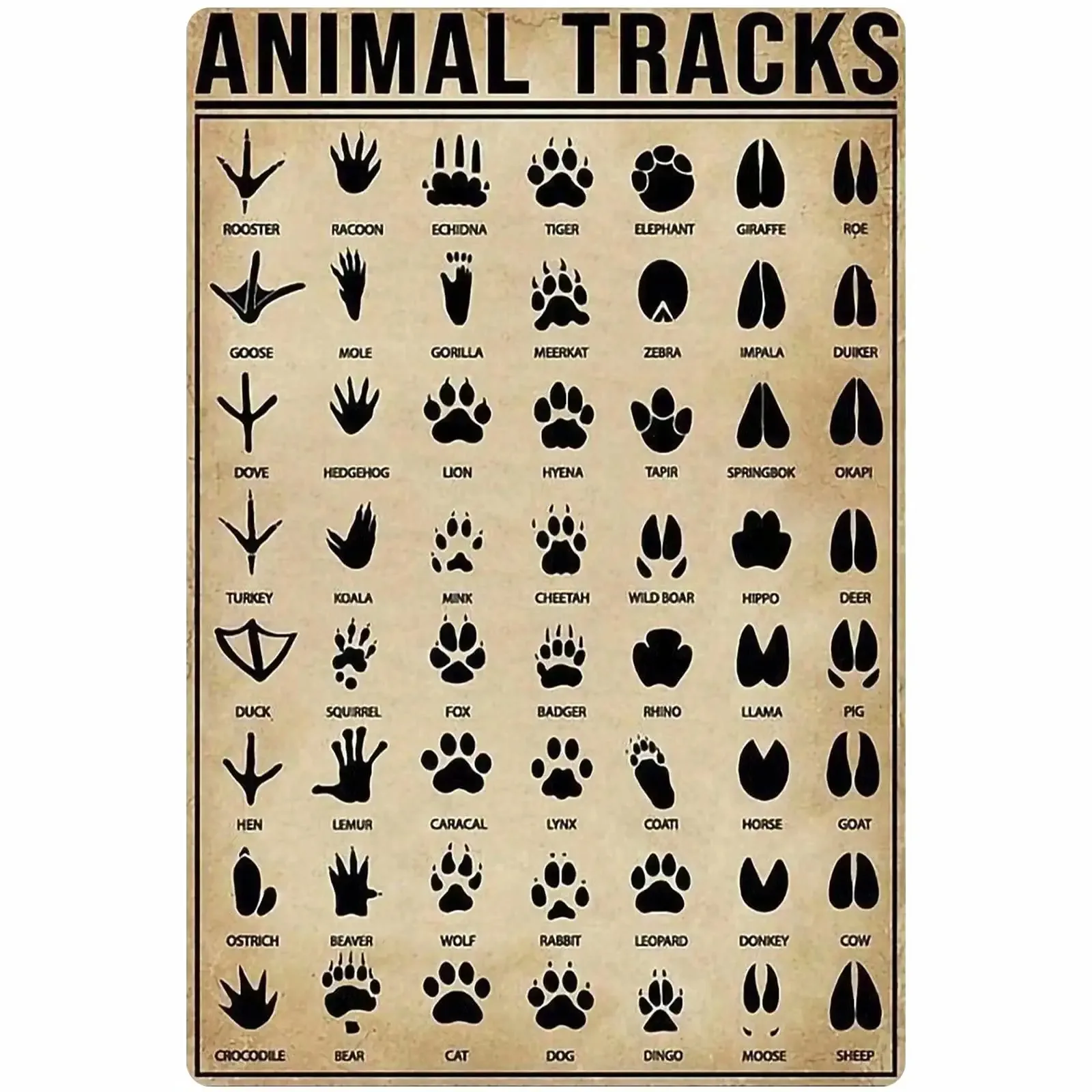 

Animal Footprint Knowledge Metal Tin Sign Hunting Chart Poster Farm Outdoor School Club Wall Decoration Plaque Posters