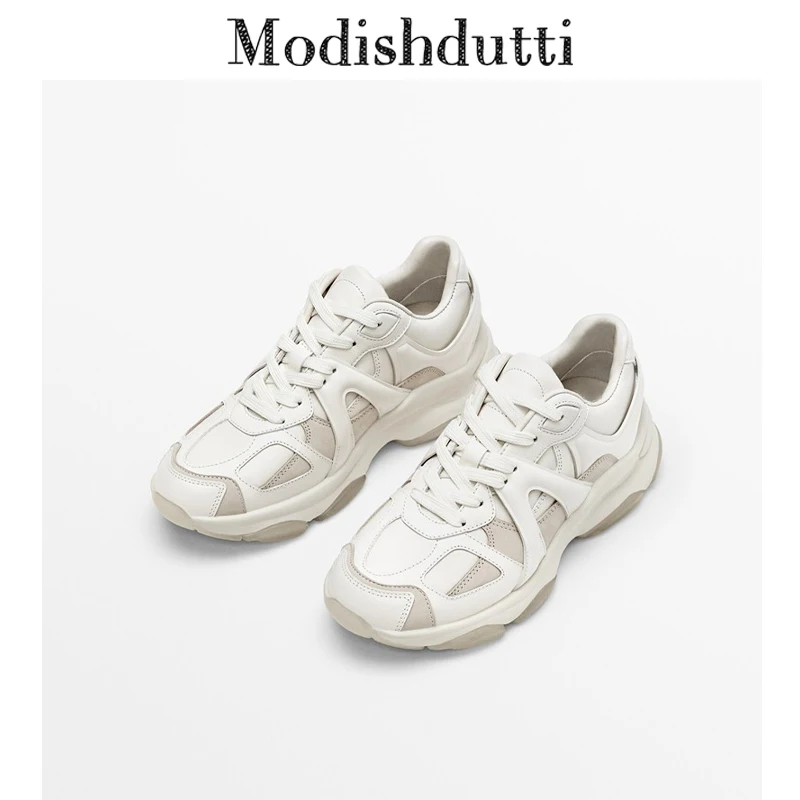 

Modishdutti 2023 Women Spring Fashion Splicing Genuine Leather Thick-Soled Sneakers Autumn Casual Lacing Sport Shoes Female