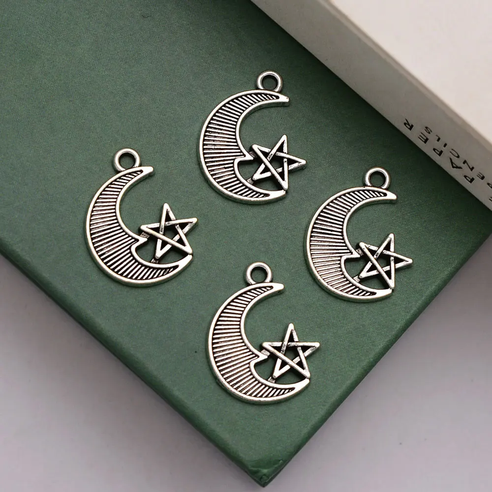 

40pcs/lot--15x20mm Antique Silver Plated Moon Star Charms Pentagram Pendants For Jewelry Making Supplies Diy Earring Materials