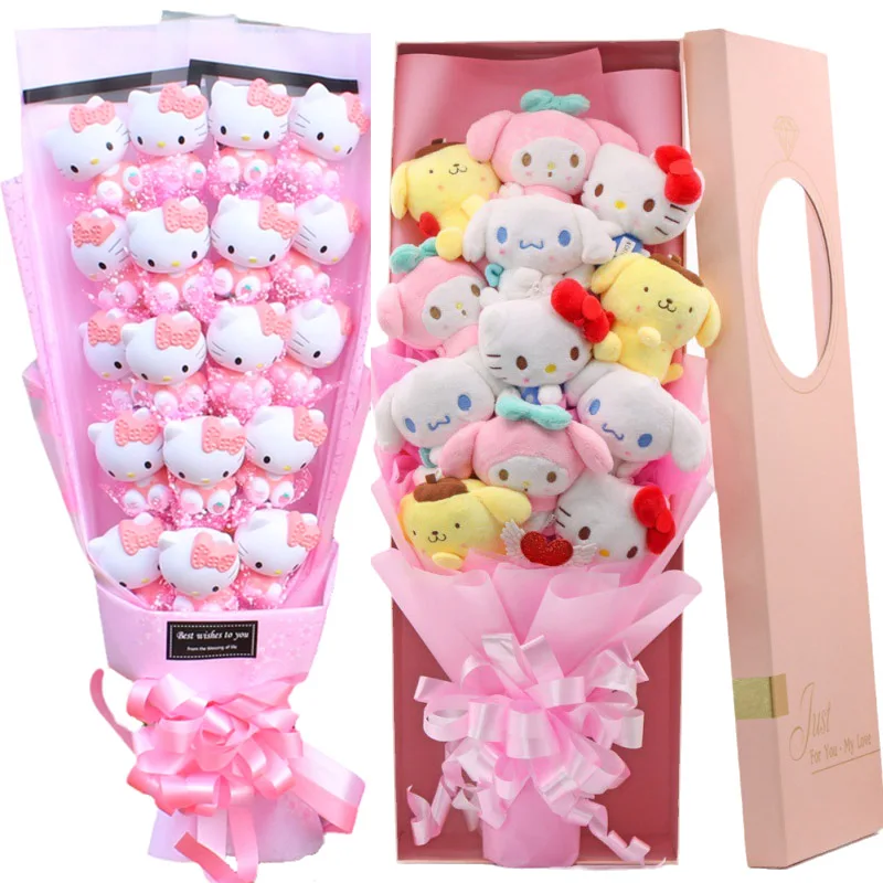Anime Hello Kitty peluche My Melody Cinnamoroll bomboniera regalo di compleanno carino ciao gattino bambola Bouquet regalo di san valentino giocattolo