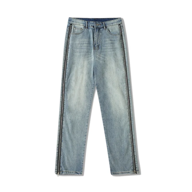 Four Seasons Men Jeans American Street Retro Old Washed Zipper Jeans Men Loose Slim Pants High Street Hip Hop Trend INS Hot Sale