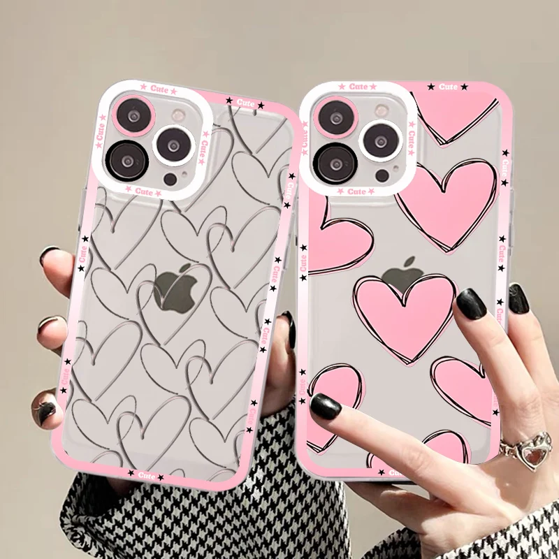

Love Heart Phone Case For iPhone 11 12 13 14 Mini Pro Max XR X XS TPU Clear Case For 8 7 6 Plus SE 2020