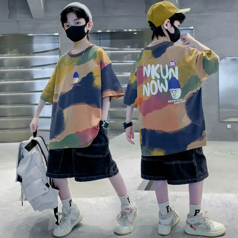 

2023 Summer Casual Cotton Baby Boys Print T-Shirt+Black Short Pants Set Children Top Tees Sets Kids 2 Pieces Clothing 5-14 Years