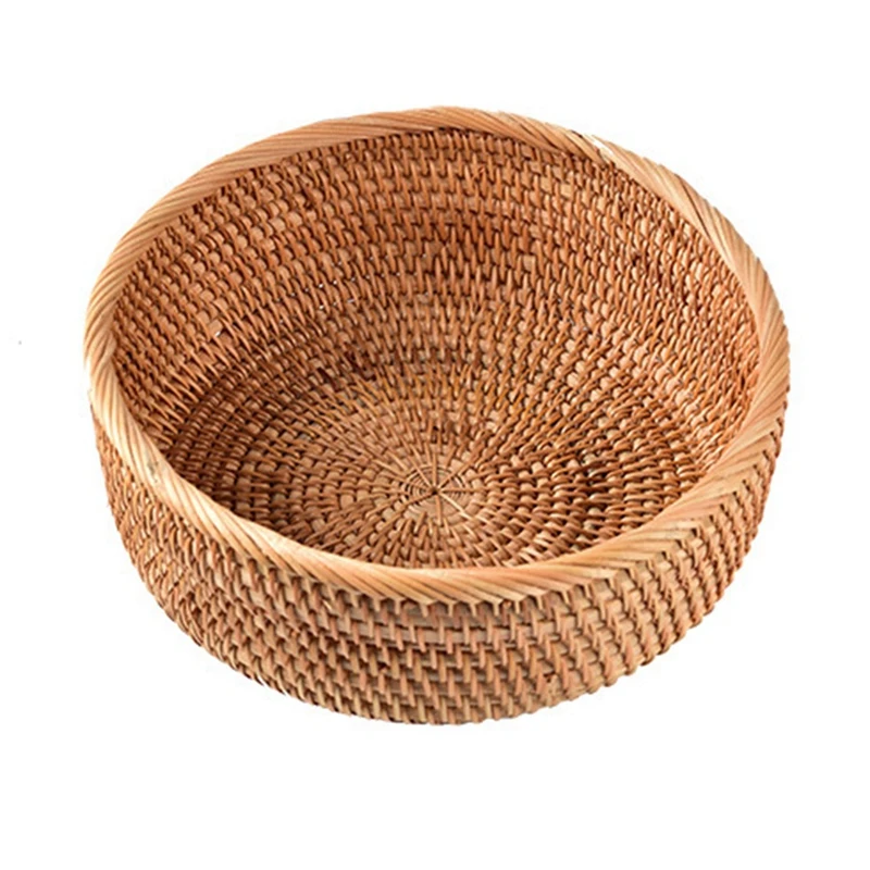 

Hand-Woven Round Rattan Wicker Basket Fruit Tea Snack Bread Picnic Cosmetic Storage Box Kitchen Organizer Storage