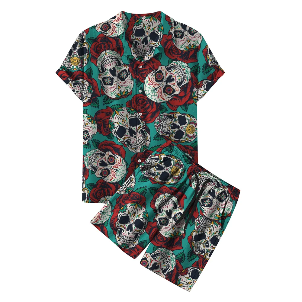 

Гавайская рубашка и шорты для мужчин, свободная пляжная одежда с 3d-черепами и принтом роз, костюм из 2 предметов для отдыха с короткими рукав...