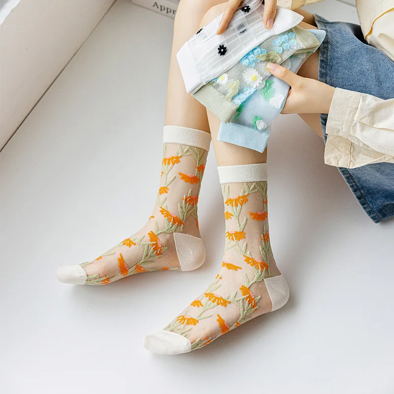 5PAIRS Socks Women's Spring and Summer Thin Transparent Glass Stockings Summer Small Flower Crystal Long Socks Tube Socks