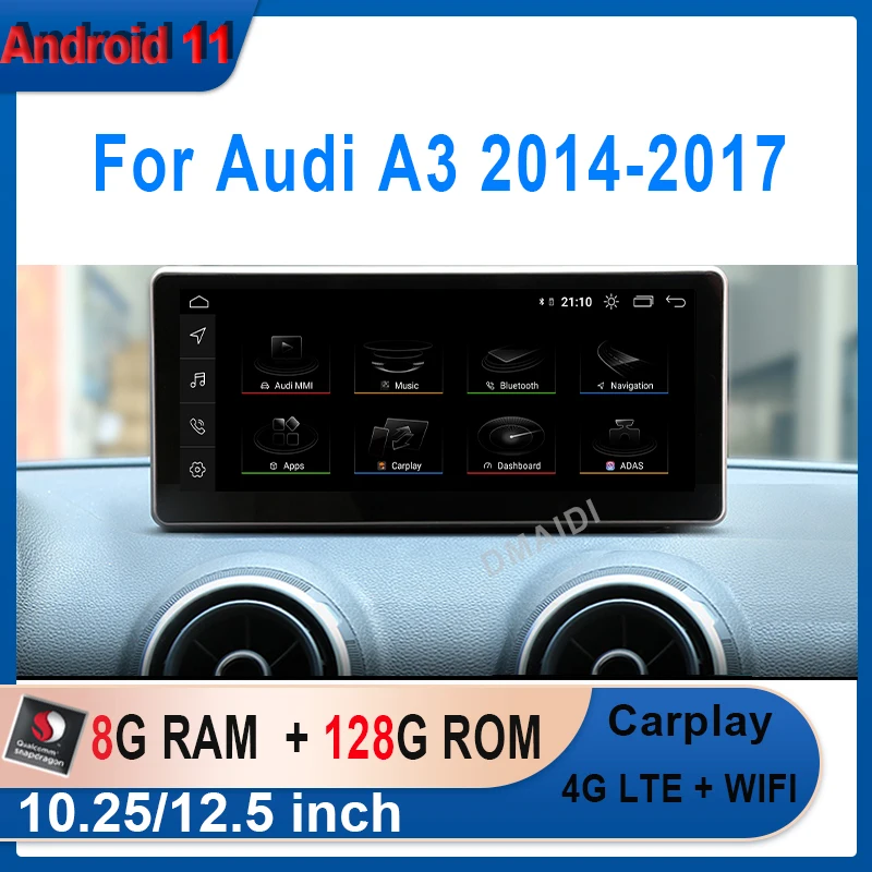 

Автомобильный мультимедийный плеер, плеер на Android 11, с восьмиядерным процессором Snapdragon 8 +, 128 ГГц, 10,25/12,5 дюймов, GPS Навигатором, для Audi A3 2014-2017 CarPlay, видеостереоэкран