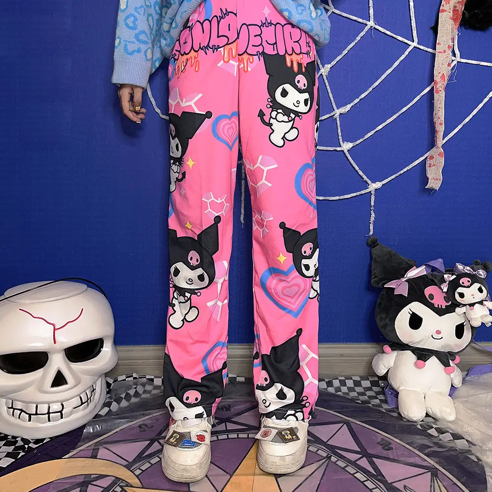 Розовые спортивные штаны с мультяшным принтом Женские Широкие свободные