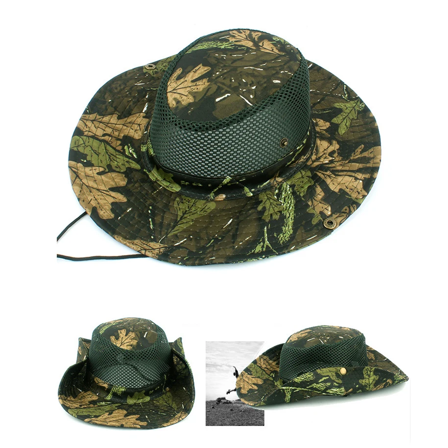 

Outdoor Camouflage Hats Jungle Camo Fisherman Hat Wide Brim Sun Cap Fishing Cap Leaf Pattern Breathable Hunting Cap Camping Caps