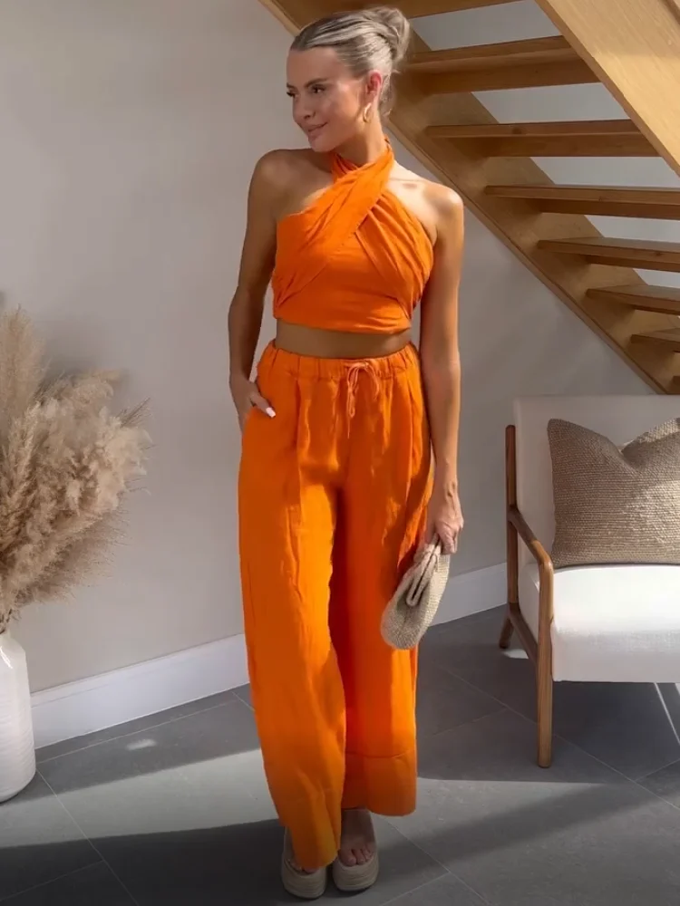 

Elegant Orange Linen Halter Tanks Suit 2022 Fashion Woman High Waisted Wide Leg Pants Sets Female Casual Solid 2 Pcs Set