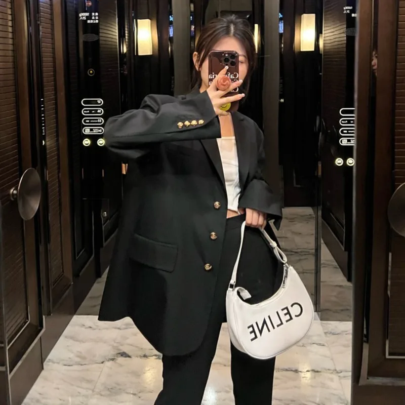 

2022 Spring Autumn Women Clothing Black Blazer New Vintage Lapel Long Sleeve Loose Female Suit Jacket Korean Fashion Ropa Mujer