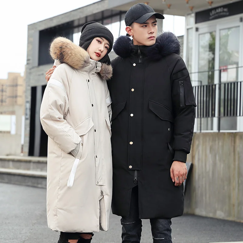 -30 Degree Winter Men's Thicken Warm Down Jacket Fashion Women's Big Fur Collar Loose Windbreaker Long Style Couple Down Coats