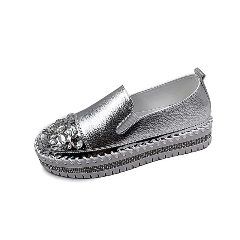 

New Women's Single Shoes Round Toe Leather Flat Shoes Women's Silver Loafers Women's Platform Shoes Women's Flat Shoes Size 43