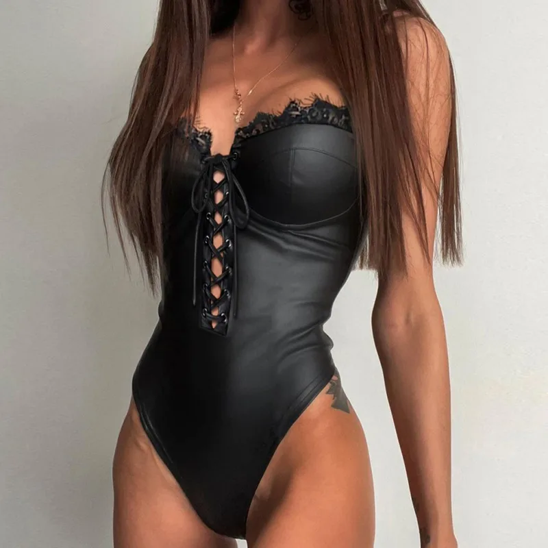 

Женский черный облегающий комбинезон из искусственной кожи с кружевом и глубоким вырезом на молнии, женский сексуальный однотонный комбин...