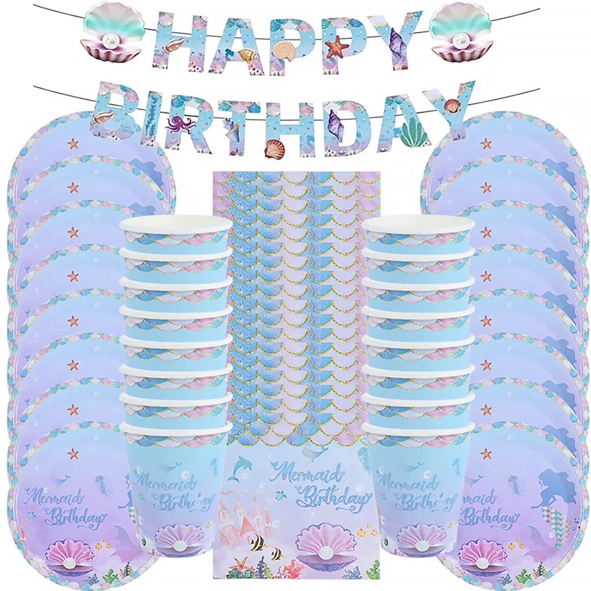 

53pcs Party Disposable Tableware Set Napkins Plates Cups Baby Shower Mermaid Birthday Party Decor Home Wedding Party Supplies