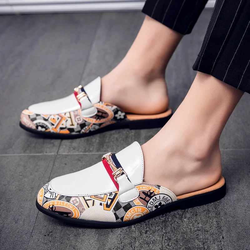 

Summer White Half Drag Loafers Luxury Brand Men Shoes Casual Men's Party Shoes Leather Slip on Comfortable Cool Slippers